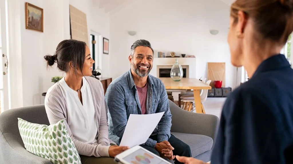 Middle-aged couple smiling and holding documents during a consultation with a professional woman.