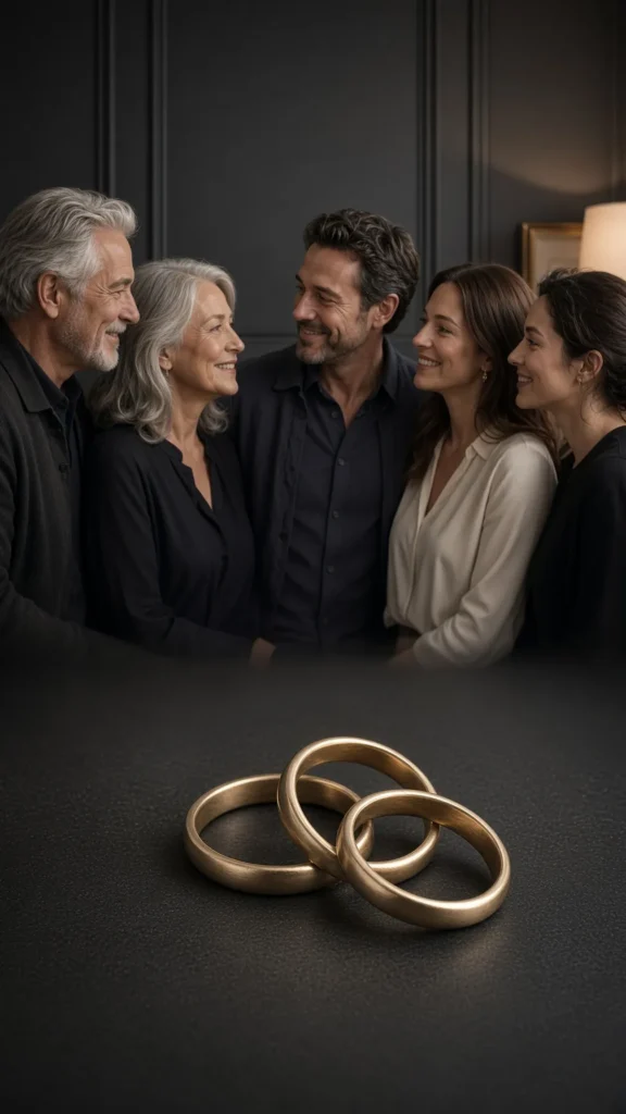 Three gold wedding rings on a dark surface with a smiling multigenerational family in the background.